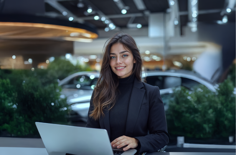 Vendedora IA en una empresa de autos atendiendo con su laptop