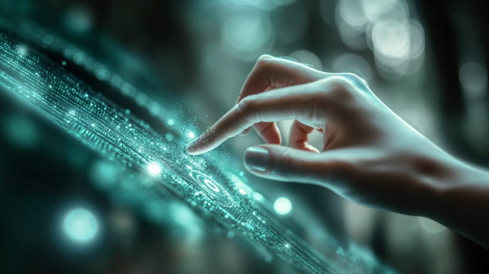 A technological screen being touched by an AI