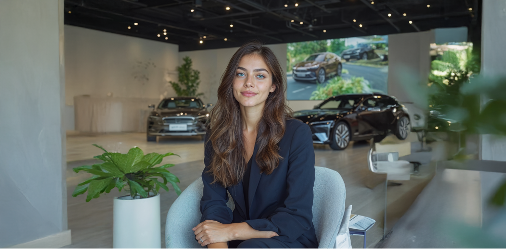 Friendly-faced AI salesperson at a car dealership
