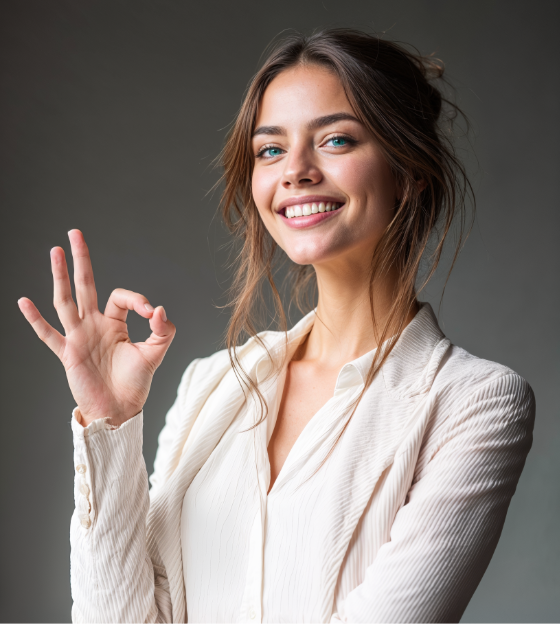 An AI saleswoman making a gesture of approval with her hand