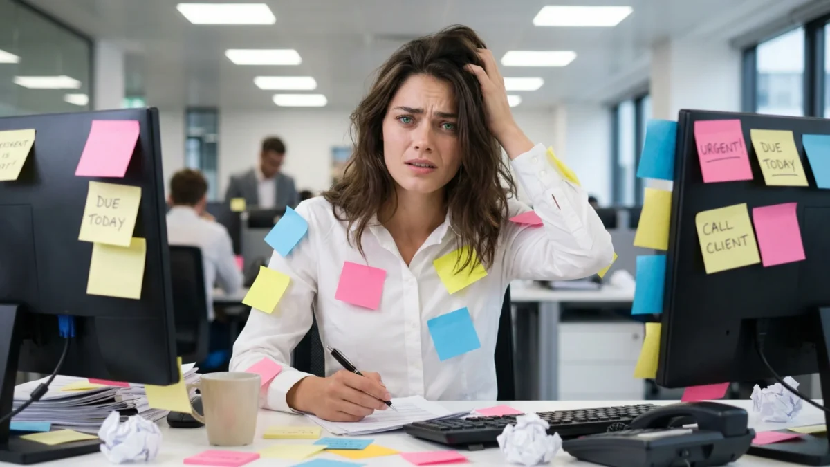 Saleswoman with burnout from operational work
