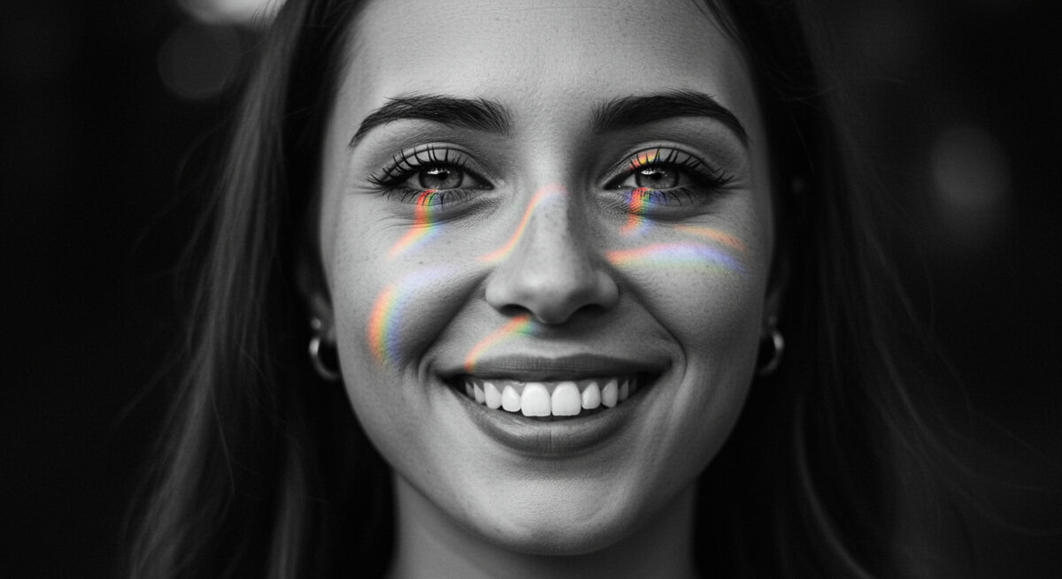A woman with a hopeful smile in a black and white image with a rainbow in her eyes