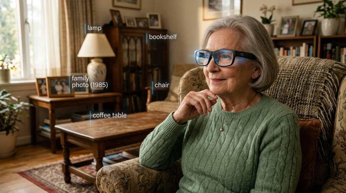 Una persona utiliza gafas con IA que identifican objetos en tiempo real, mostrando etiquetas visuales que ayudan a reconocer su entorno con mayor facilidad