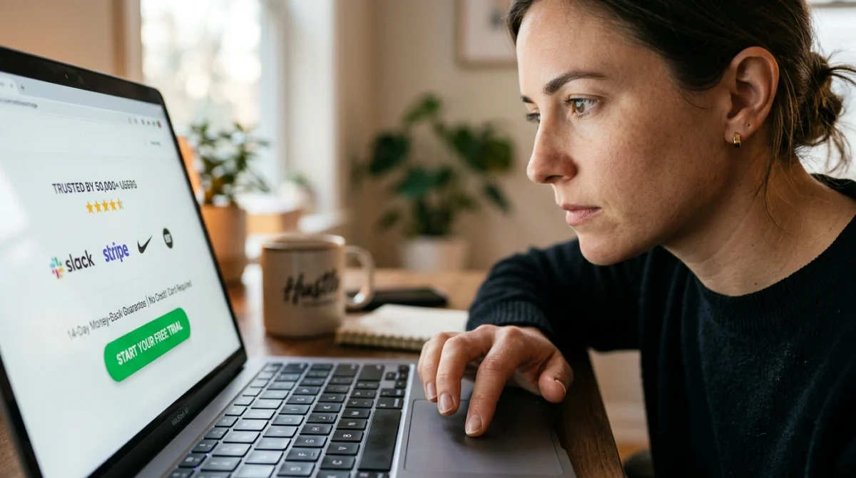 Sales team analyzing conversion metrics and user behavior on a landing page integrated with CRM, chat, and real-time analytics