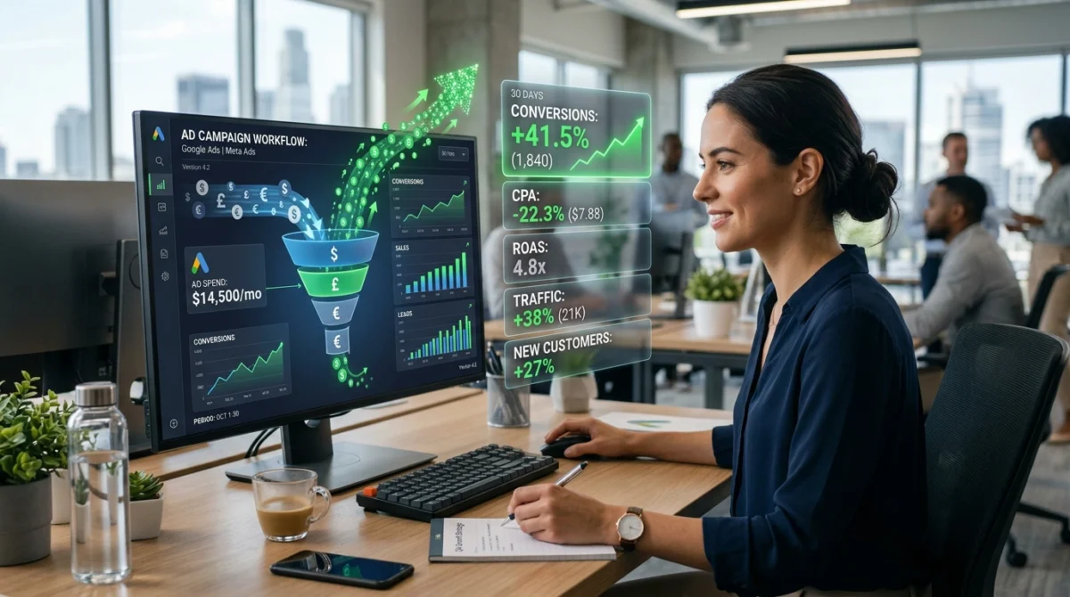 Representación de una plataforma de marketing inteligente que conecta conversaciones, anuncios y cierres para mejorar el rendimiento comercial y reducir CAC