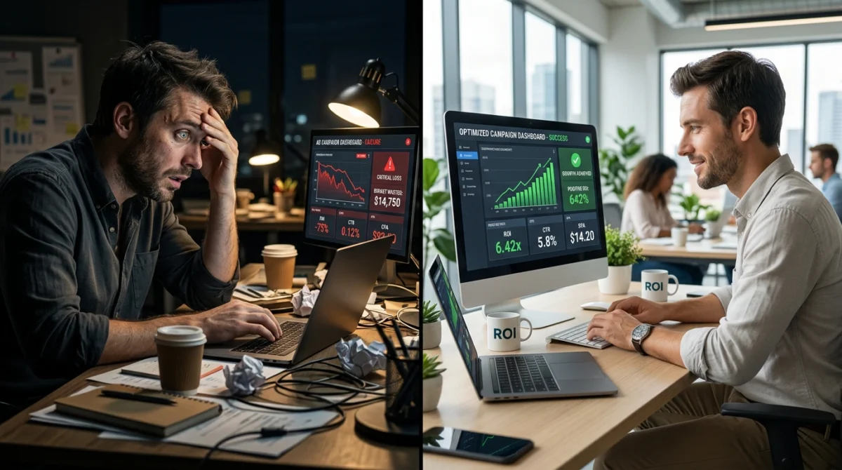 Visualización de campañas publicitarias automatizadas con IA que segmentan audiencias por intención de compra y optimizan inversión en Meta y Google Ads