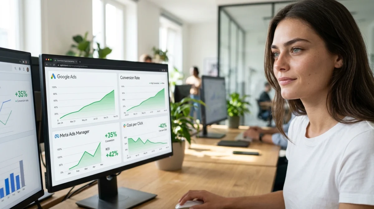 A sales team analyzes unified customer profiles in real time as conversations, history, and intent signals are integrated into a single platform. The image illustrates modern sales driven by context and intelligent data