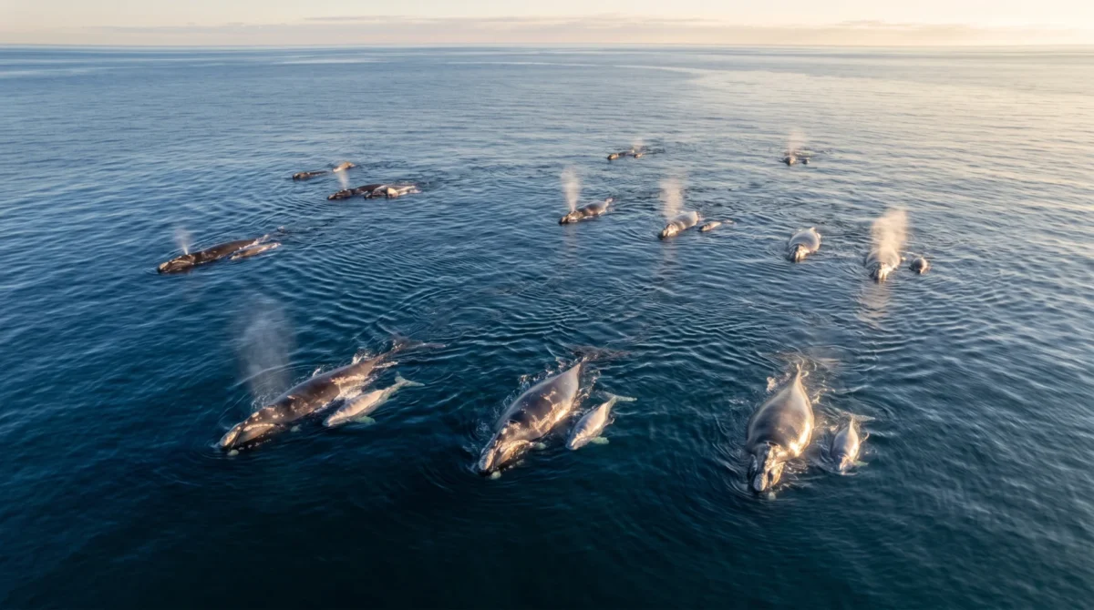 Una cría de ballena franca nada junto a su madre en las cálidas aguas de reproducción del sureste de Estados Unidos