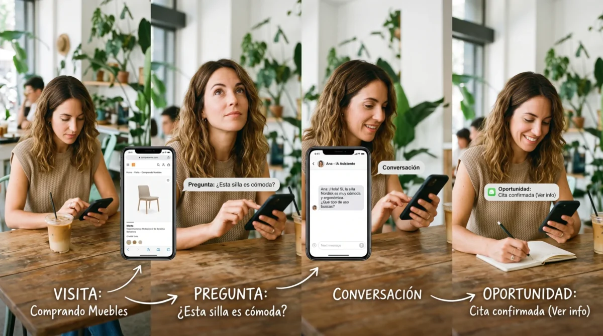 Cliente interactuando con una web conversacional y avanzando hacia una oportunidad de venta