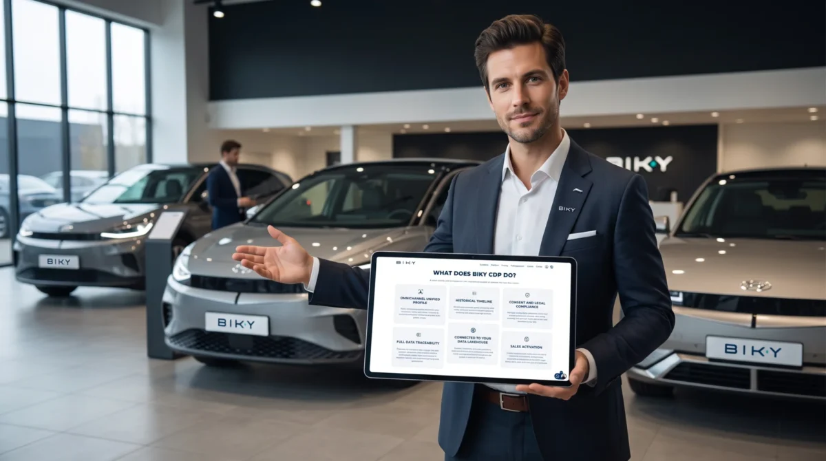 BIKY.ai unifica datos, conversaciones e historial del cliente en un solo perfil para que los equipos de ventas automotrices trabajen con más contexto.