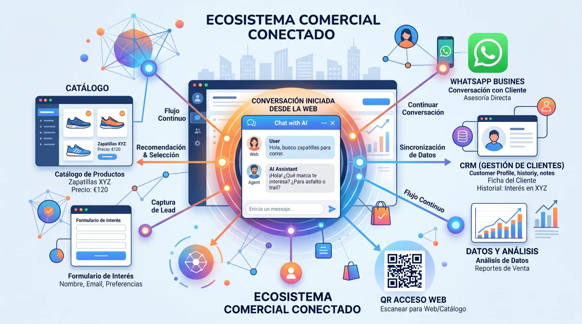  Web conversacional conectada con catálogo, formularios, vendedores IA y CRM para gestionar oportunidades