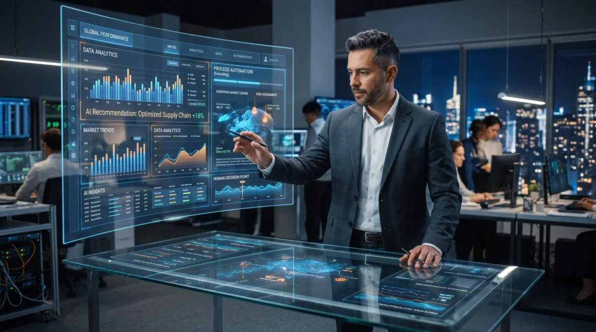 Artificial intelligence working alongside human teams to automate processes, analyze data, and maintain operational control.