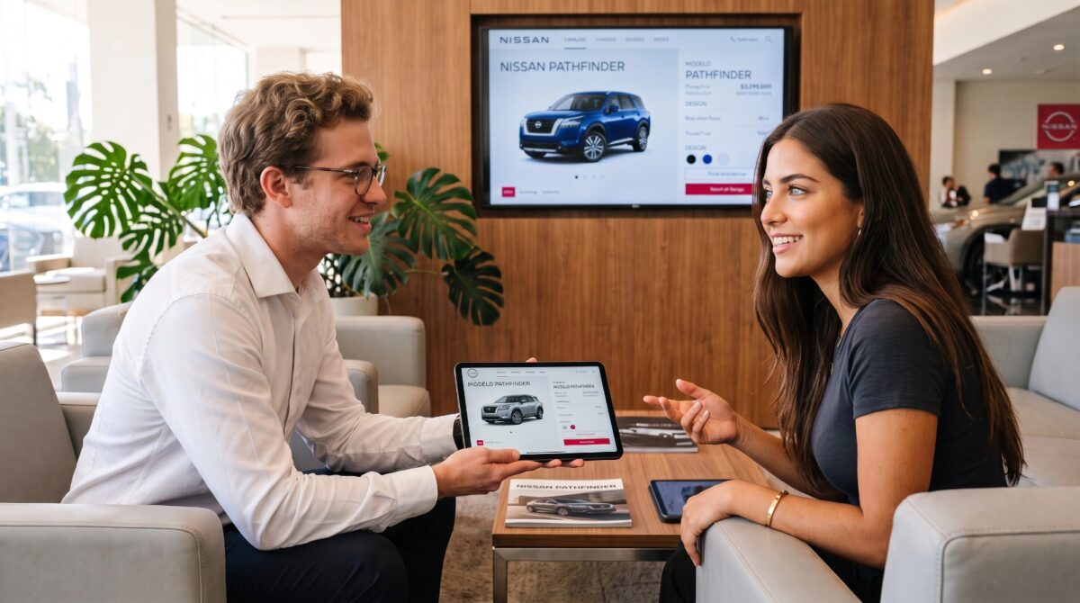 The conversational catalog provides vehicle information during the conversation to help the salesperson advise the customer and move toward a purchase decision.