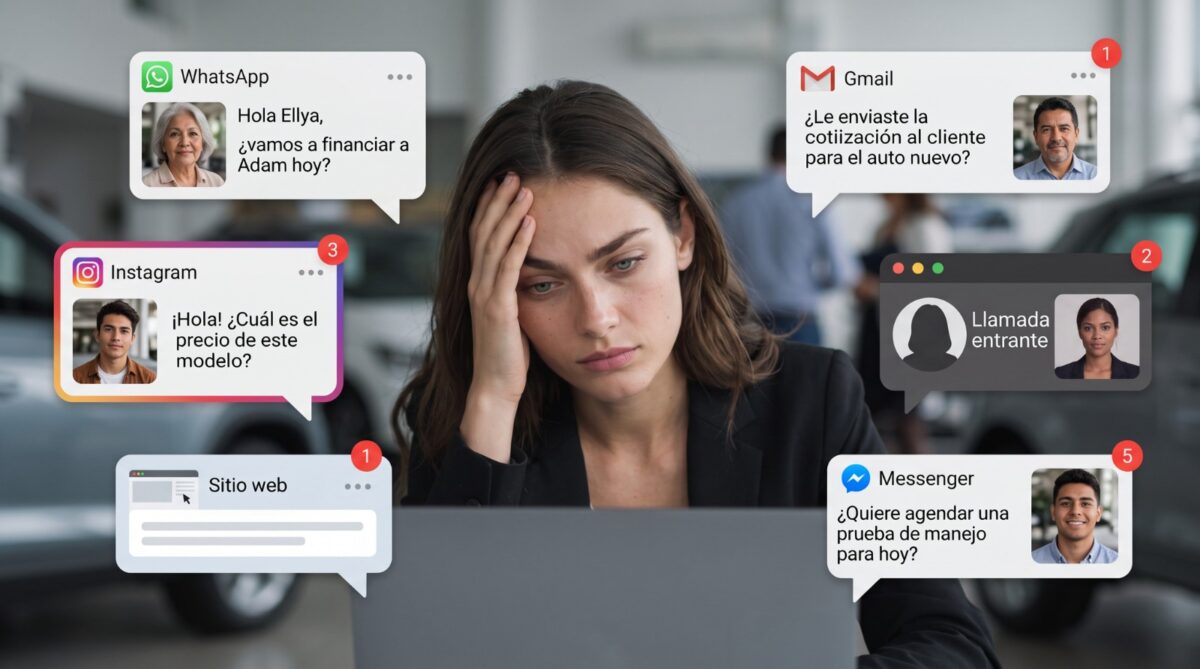 Representación de conversaciones desconectadas entre canales que generan pérdida de contexto y dificultan la gestión comercial automotriz.